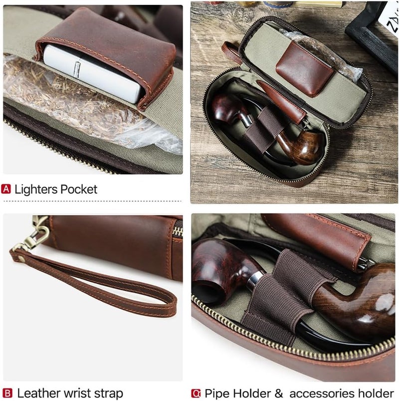 CONTACTS حقيبة تبغ صغيرة من جلد كامل الحبة لتنظيم أنابيب التدخين للسفر، ملحقات محمولة لحامل الولاعة، حقيبة أنابيب التبغ لعدد 2 أنابيب - Image 3